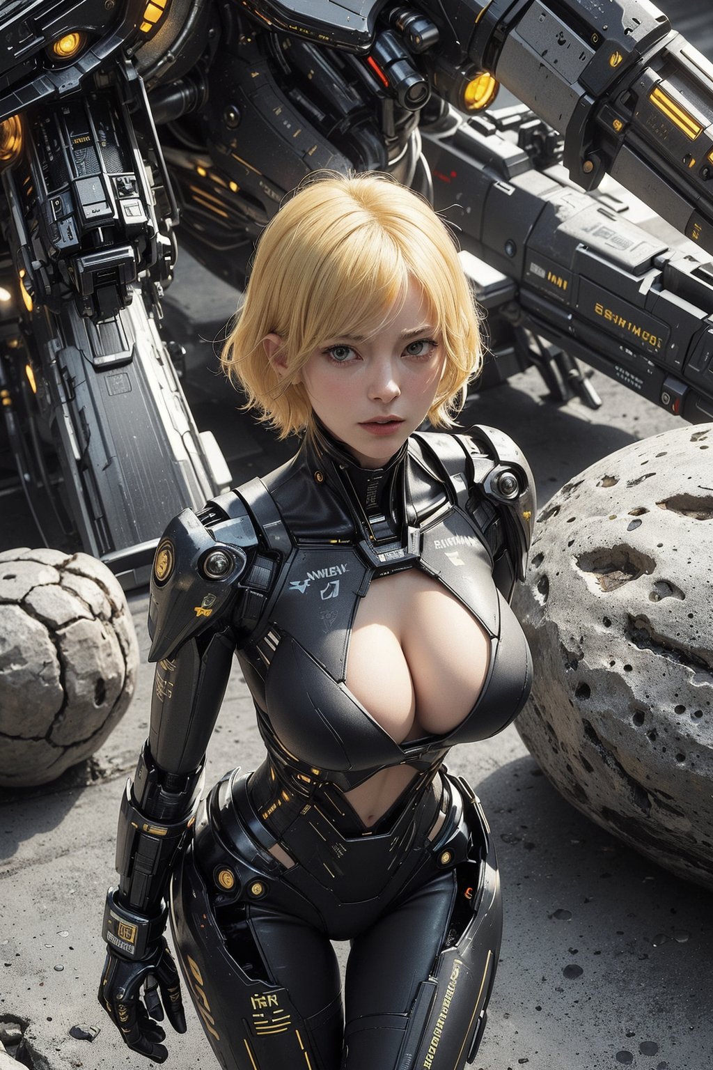 (science_fiction, sci_fi, futuristic, cybertech), (sharp focus, atmospheric particles, flares, bokeh), angry girl, (Emma Stone, Tilda Swinton:1.1), (blonde, yellow hair), (short messy hair), (huge breasts cleavage:1.4), off_shoulder, navel, (wide hips, thick thigh gap, cameltoe:1.3), (meca, mecha, futuristic armor, cybersuit), (space station:0), (alien planet, strange weird rock formations, desert:1.3), (direct lighting, dark, night:1.2), (NSFW, hentai, porn:0.9), (seen from above, wide angle distortion)