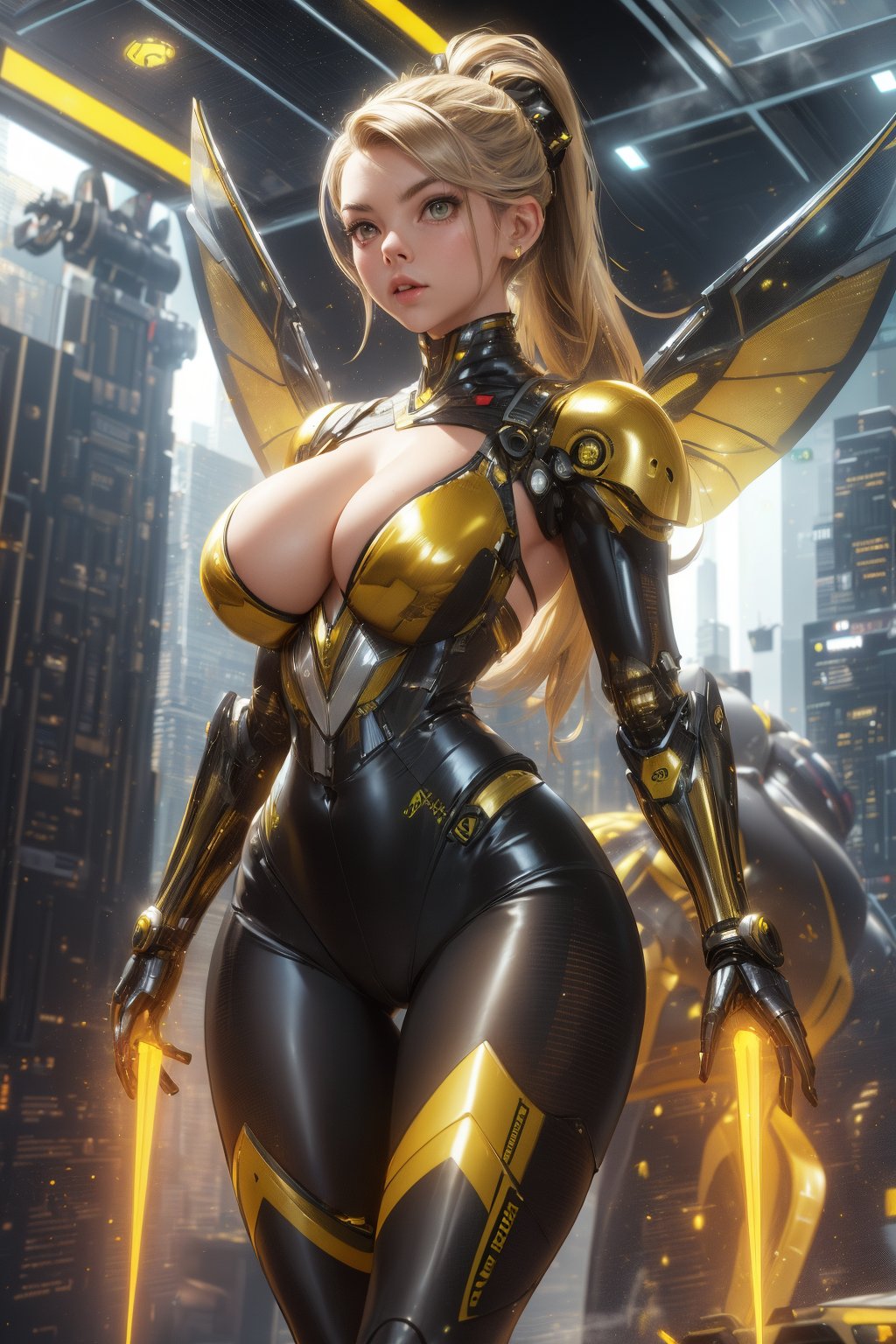 (science_fiction, sci_fi, cybertech:1.1), (sharp focus, atmospheric particles, flares, bokeh:1.1), (Natalie Dormer, Anya Taylor-Joy:1.1), (ponytail:1.1), (birthmarks:0.8), (huge breasts cleavage:1.2), (wide hips, thin waist, thick thigh gap:1.3), (meca, mecha, futuristic armor, cyberarmor, exoskeleton:1.3), (wasp armor, membranous wings, elytras:1.4), (black and yellow striped tights, horizontal stripes:1.4), (corset:0), (laser daggers, stings:1.3), (bikini, sexy latex suit:1.2), (NSFW, hentai, porn:0.7), 
