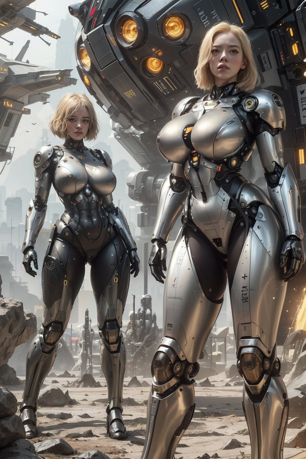 (science_fiction, sci_fi, cybertech), (sharp focus, atmospheric particles, flares, bokeh), angry girl, (Emma Stone, Tilda Swinton:1.1), (blonde, short messy hair), (huge breasts cleavage:1.2), (wide hips, thick thigh gap, cameltoe:1.3), (meca, mecha, futuristic armor, cybersuit:1.3), (space station:0), (alien planet, strange weird rock formations, desert:1.3), (direct lighting, dark, night:1.2), (NSFW, hentai, porn:0.7), (sitting on the ground, legs spread:1.2), 