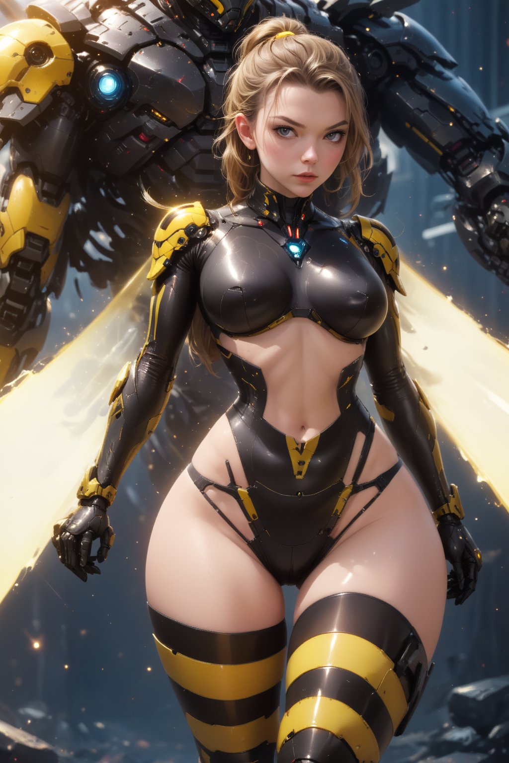 (science_fiction, sci_fi, cybertech:1.1), (sharp focus, atmospheric particles, flares, bokeh:1.1), (Natalie Dormer, Anya Taylor-Joy:1.1), (ponytail:1.1), (birthmarks:0.8), (huge breasts cleavage:1.2), (wide hips, thin waist, thick thigh gap:1.3), (meca, mecha, futuristic armor, cyberarmor, exoskeleton:1.3), (wasp armor, membranous wings, elytras:1.4), (black and yellow striped tights, horizontal stripes:1.4), (corset:0), (laser daggers, stings:1.3), (bikini, sexy latex suit:1.2), (NSFW, hentai, porn:0.7), 