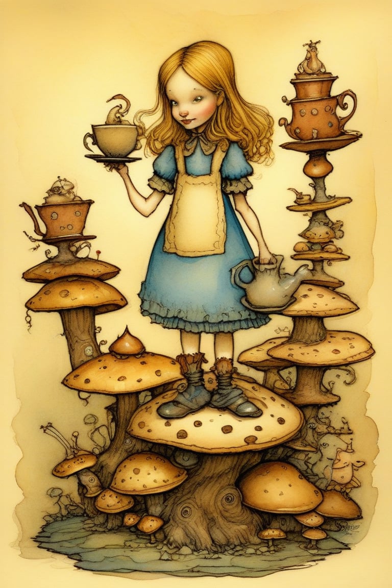 awkward but earnest young girl, Alice in wonderland theme, standing on a mushrums, cup of tea in hand in front, shoes cute, by tony diterlizzi, brian froud, abigail larson, golden color ratio, vivid color, he, dettailed, watercolor, ink line art, thick, textured acrylics, masterpiece, strbk style, cartoon proportions, exaggerated proportion