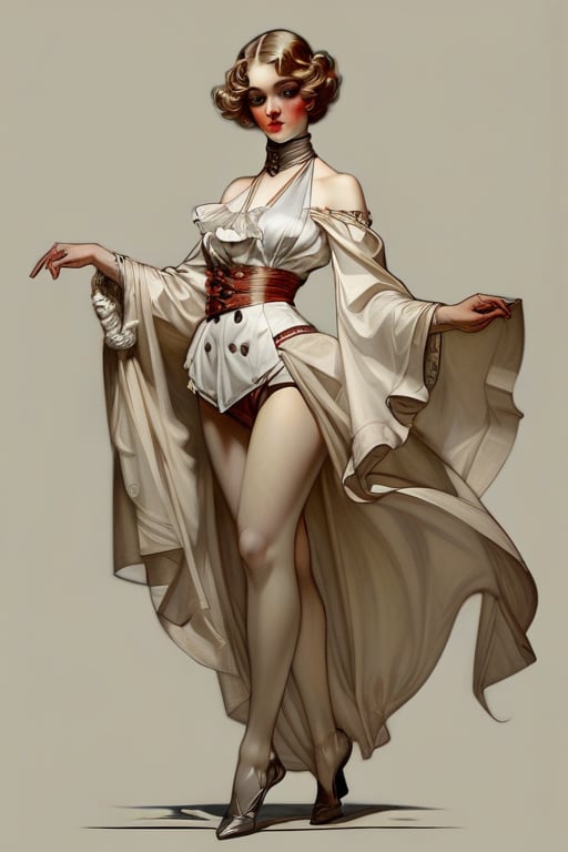 Dnd style, 2d illustration,  Dnd (female human), character, (full-body), dynamic pose, standing pose, HD, detailed, (perfect face), full view, UHD, masterpiece, neutral background, front view ( by painted by, Louis Icart, Valentin Serov, Coby Whitmore, Viktor Vasnetsov, Alois Arnegger Marquez, JC Leyendecker)