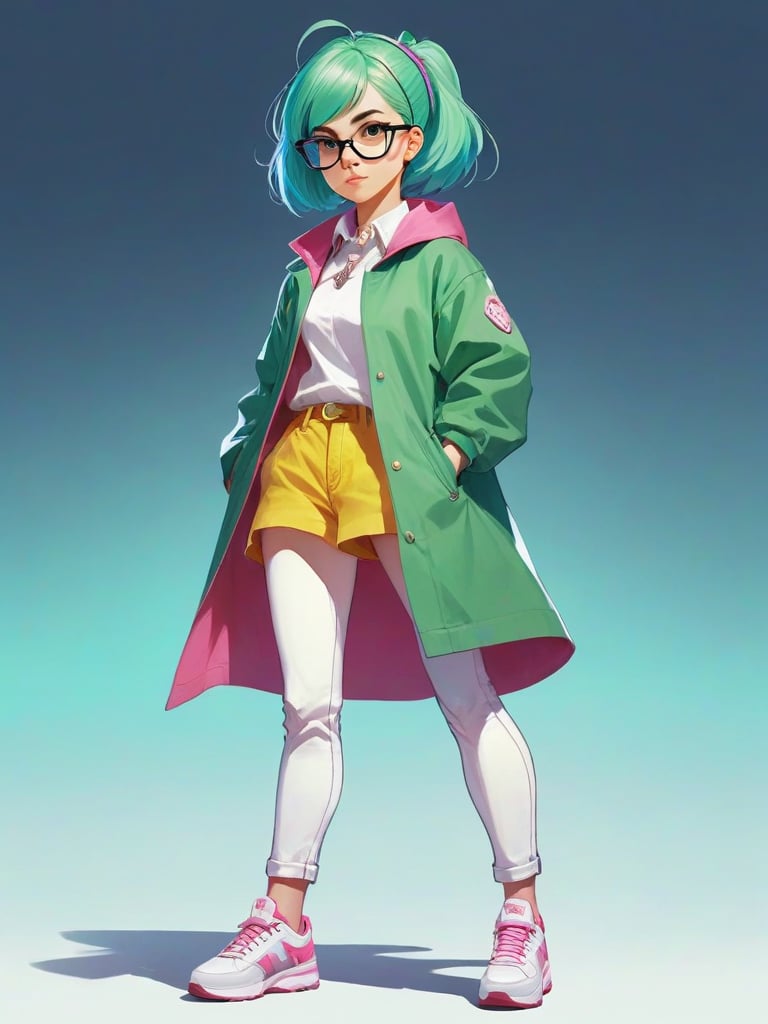 2d Illustration, full-body,anime, videogame concept art, anime style, d and D style,, female character full-body, mid jacket,and glasses, green hair,short bang, pink coat,
 white jeans,, standing pose , Dynamic  pose, holding a staff with the hands in front of her, 
Anatomically correct , shoes on ground, 
Art by Ilya Kuvshinov, Monge, Bowater, Fernanda Suarez, Clint Cearley, Brian Kesinger, Zac Retz, Carl Larsson.
  High definition, high resolution,sharp focus, best quality, masterpiece, post-processing,  breathtaking beauty, pure perfection,  perfect anatomy, divine presence, unforgettable, impressive, breathtaking beauty, 