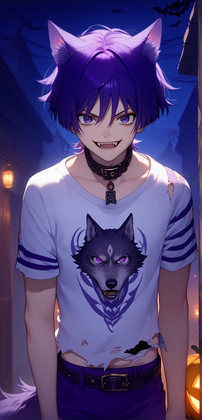 Score_9,score_8_up,score_7_up,Highly detailed, masterpiece, high quality, beautiful, high resolution, good details,1boy,solo,male focus,wolf tail,wolf ears,striped t-shirt,torn clothes,belt,purple pants,cementery,scars,bandages,night,halloween,smile,mezcla5v2,scara,short hair,bangs,purple eyes,purple hair,hair between eyes,dog collar,open mouth,fangs,