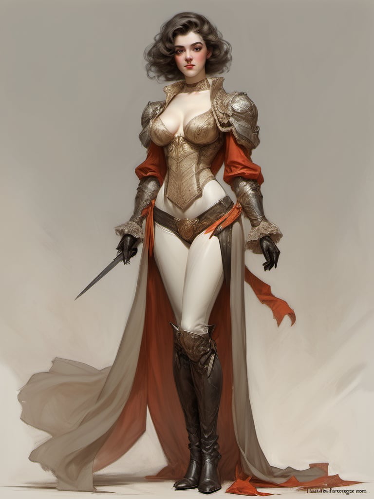 Dnd style, 2d illustration, Dnd female human, character, full-body, dynamic pose, standing ,HD, detailed perfect face, full view, UHD, masterpiece, neutral background, front view by painted by, Louis Icart, Valentin Serov, Coby Whitmore, Viktor Vasnetsov, Alois Arnegger Marquez, JC Leyendecker