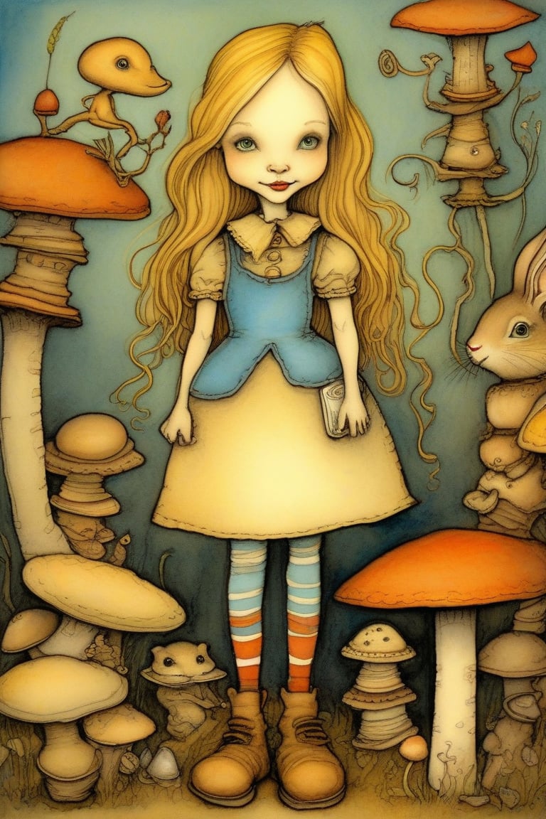 awkward but earnest young girl, Alice in wonderland theme, standing on a mushrums, cup of tea in hand in front, shoes cute, by tony diterlizzi, brian froud, abigail larson, golden color ratio, vivid color, he, dettailed, watercolor, ink line art, thick, textured acrylics, masterpiece, strbk style, cartoon proportions, exaggerated proportion