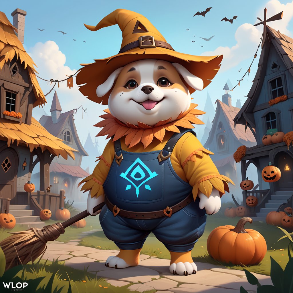 (cute dog wearing SCARECROW costume), (haunted house background), (chubby), a concept art icon for league of legends, a digital art logo, illustration, league of legends style icon, inspired by wlop style, 8k, dota 2 style icon, fine details, sharp, very detailed icon, high resolution rpg ability/spell/item icon, natural beauty