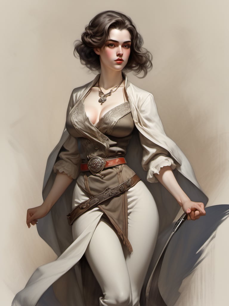 Dnd style, 2d illustration, Dnd female human, character, full-body, dynamic pose, standing ,HD, detailed perfect face, full view, UHD, masterpiece, neutral background, front view by painted by, Louis Icart, Valentin Serov, Coby Whitmore, Viktor Vasnetsov, Alois Arnegger Marquez, JC Leyendecker