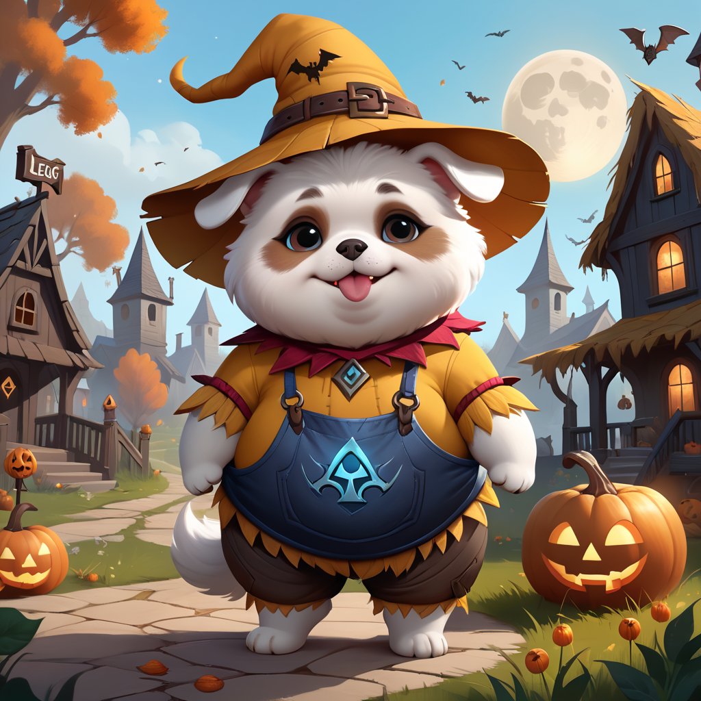 (cute dog wearing SCARECROW costume), (haunted house background), (chubby), a concept art icon for league of legends, a digital art logo, illustration, league of legends style icon, inspired by wlop style, 8k, dota 2 style icon, fine details, sharp, very detailed icon, high resolution rpg ability/spell/item icon, natural beauty