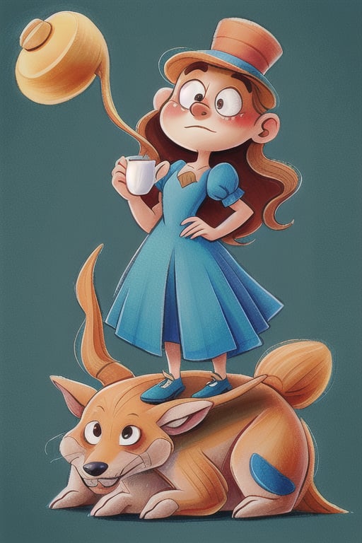 awkward but earnest young girl, Alice in wonderland theme, standing on a mushrums, cup of tea in hand in front, shoes cute, by tony diterlizzi, brian froud, abigail larson, golden color ratio, vivid color, he, dettailed, watercolor, ink line art, thick, textured acrylics, masterpiece, strbk style, cartoon proportions, exaggerated proportion