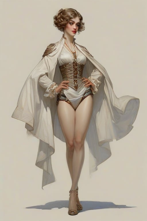 Dnd style, 2d illustration,  Dnd (female human), character, (full-body), dynamic pose, standing pose, HD, detailed, (perfect face), full view, UHD, masterpiece, neutral background, front view ( by painted by, Louis Icart, Valentin Serov), Coby Whitmore, Viktor Vasnetsov, Alois Arnegger Marquez, JC Leyendecker