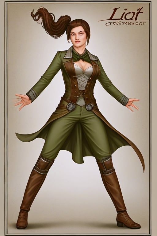 Dnd style, 2d illustration,  Dnd (female human), character, (full-body), dynamic pose, standing pose, HD, detailed, (perfect face), full view, UHD, masterpiece, neutral background, front view ( by painted by, Louis Icart, Valentin Serov), Coby Whitmore, Viktor Vasnetsov, Alois Arnegger Marquez, JC Leyendecker