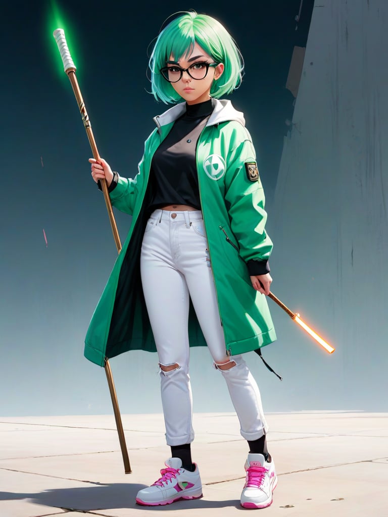 2d Illustration, full-body,anime, videogame concept art, anime style, d and D style,, female character full-body, mid jacket,and glasses, green hair,short bang, pink coat,
 white jeans,, standing pose , Dynamic  pose, holding a staff with the hands in front of her, 
Anatomically correct , shoes on ground, 
Art by Ilya Kuvshinov, Monge, Bowater, Fernanda Suarez, Clint Cearley, Brian Kesinger, Zac Retz, Carl Larsson.
  High definition, high resolution,sharp focus, best quality, masterpiece, post-processing,  breathtaking beauty, pure perfection,  perfect anatomy, divine presence, unforgettable, impressive, breathtaking beauty, 