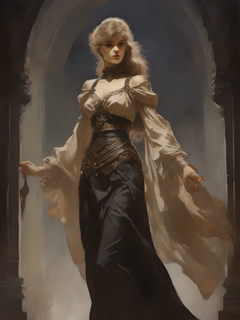 Dnd style, 2d illustration, Dnd female human, character, full-body, dynamic pose, standing ,HD, detailed perfect face, full view, UHD, masterpiece, neutral background, front view by painted by, Louis Icart, Valentin Serov, Coby Whitmore, Viktor Vasnetsov, Alois Arnegger Marquez, JC Leyendecker