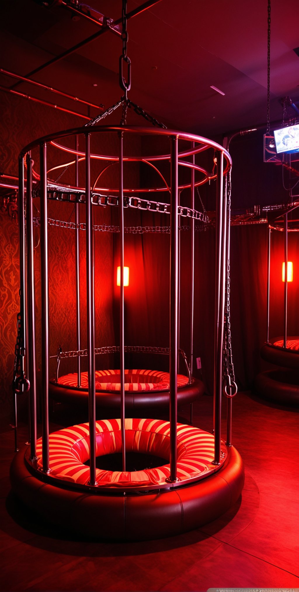 A huge sex den in hell with large beds, sex swings, cages, stripper poles, chains, and mood lighting,
