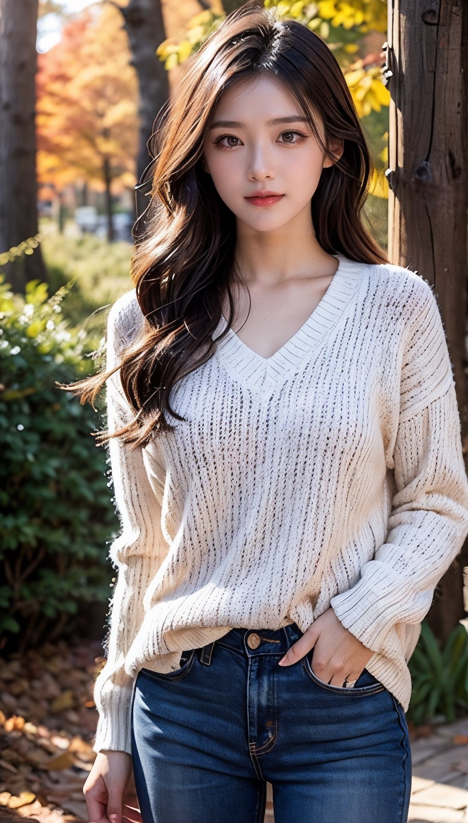 Top Quality, Ultra High Resolution, (Realism: 1.4), (ULZZANG-6500: 0.4), Beauty, Korean Idol, 21 years old, Hair length, Light brown hair, Clean wavy hairstyle, Balanced chest, Realistic eyes, Slender eyes, Beautiful eyes, Smiling, orange knit sweater with light-colored jeans, Autumn maple red or larch forest, Standing casually, slender body line, 7 doppelgangers