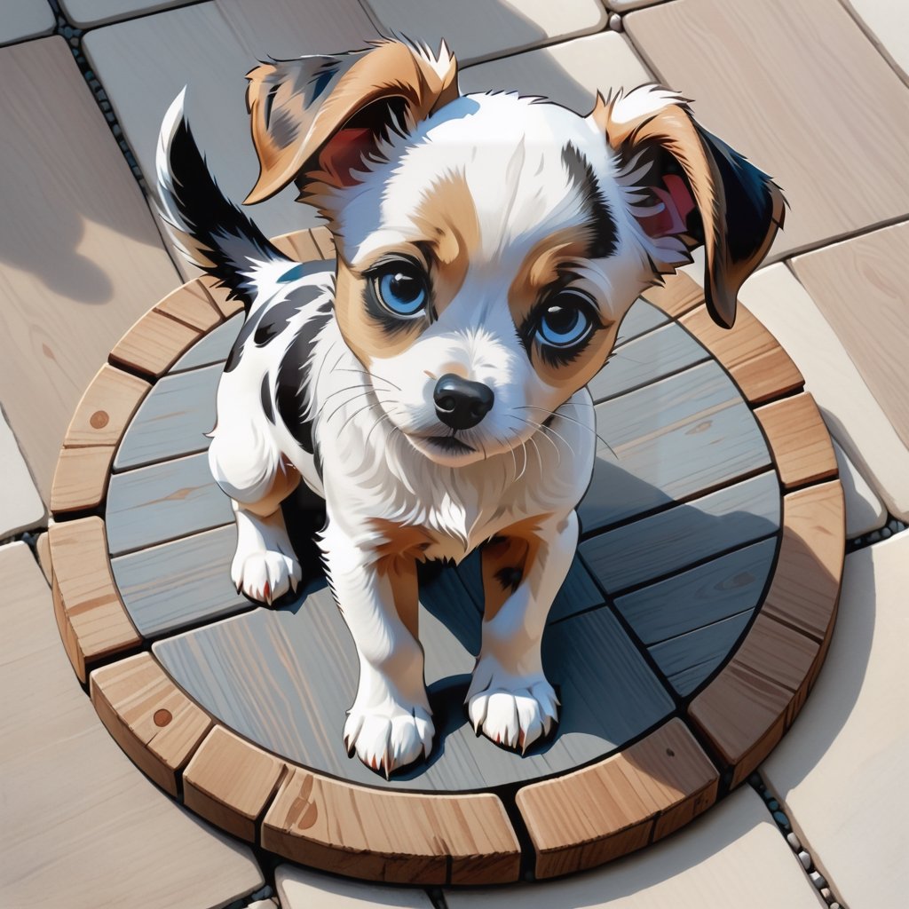 Puppy Portrait Standing on Wooden Plates on Round Stone Pavement,  Close Shot (CS),  Standing by BDOBOX on Tensor.Art