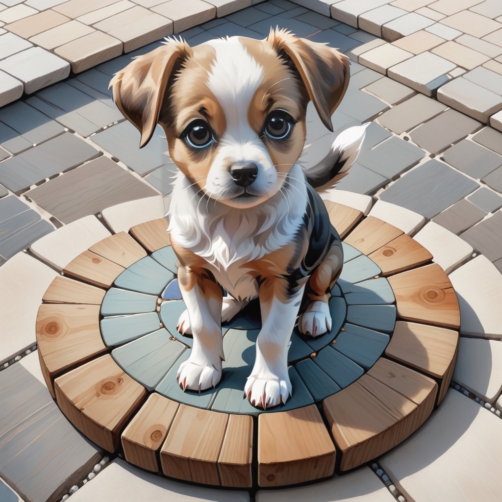 Puppy Portrait Standing on Wooden Plates on Round Stone Pavement,  Close Shot (CS),  Standing by BDOBOX on Tensor.Art