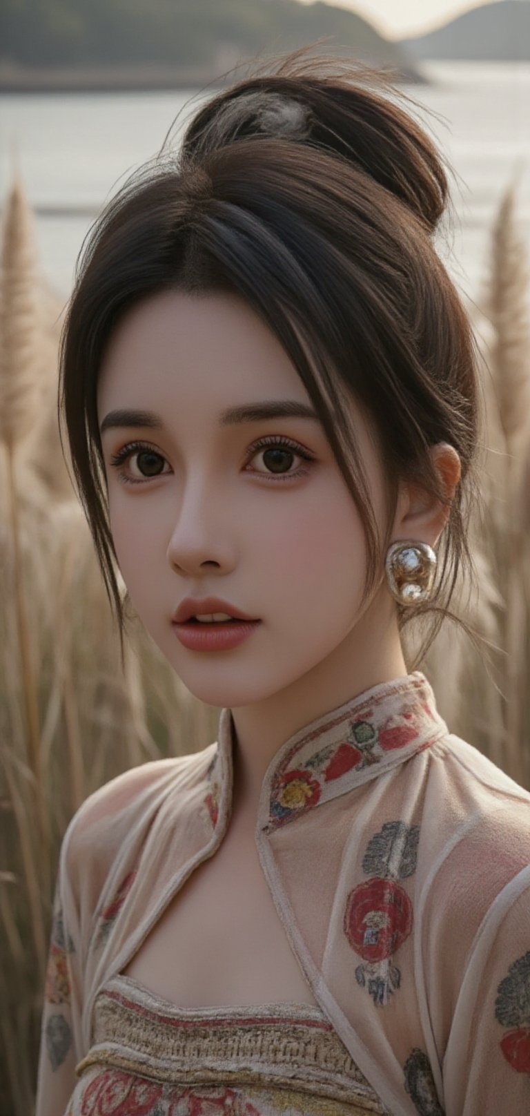 This is a highly detailed digital image in a bright fantasy style, intricate tetradic colors in every details, 3d render, Fisheye view, a viet girl, portrait, Taois, ornament, chinese clothes with metal, abstract color, cinematic, realistic skin, glowing atmosphere, cloud, aura circle, fantasy background, ancient background, immortals, cultivation, masterpiece, top quality, best quality, soft nature lights, ultra realistic, 8k resolution, realistic