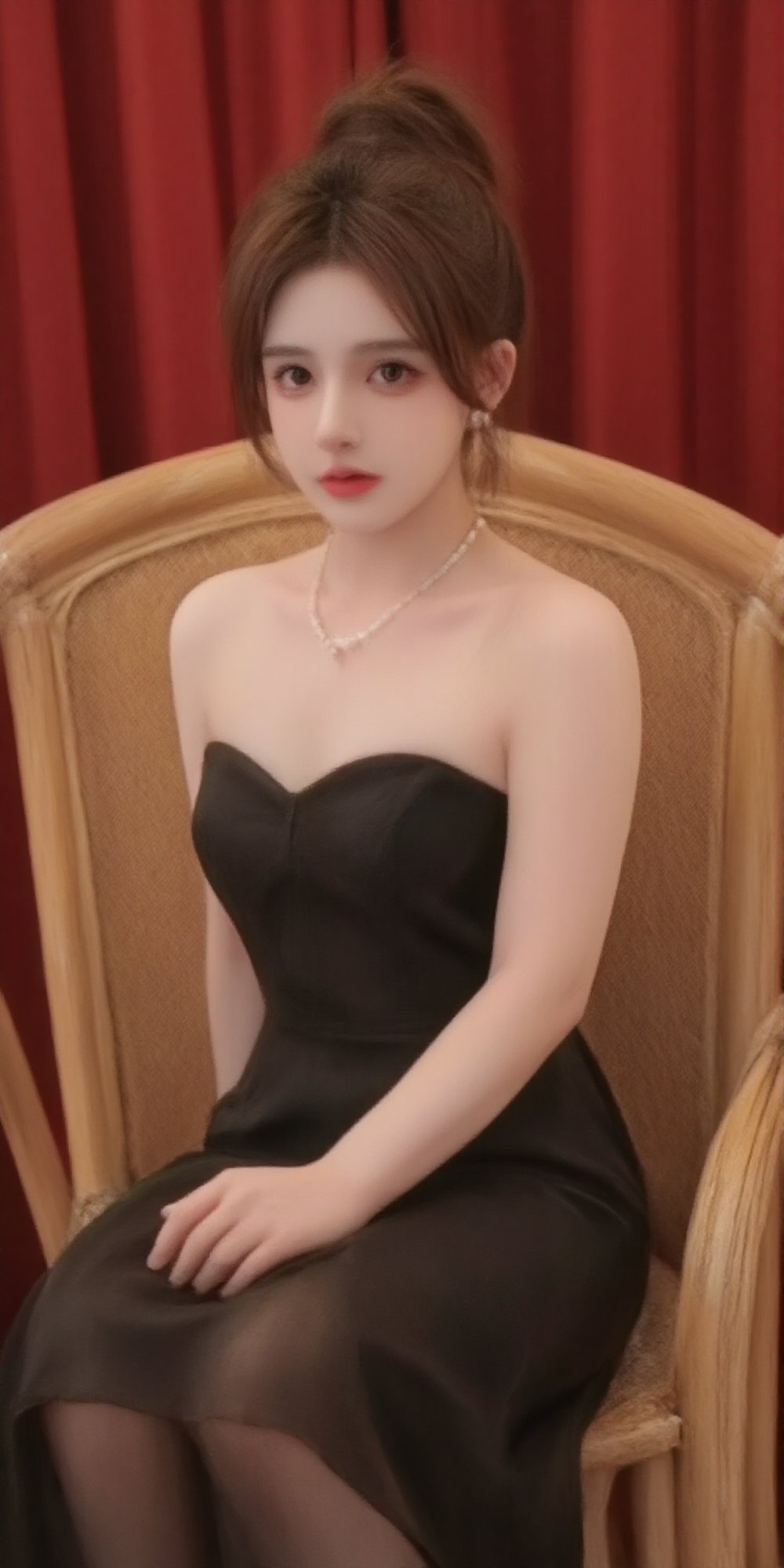 a woman dressed in a black strapless dress, adorned with a white pearl necklace and earrings, is seated on a yellow chair. Her hair is styled in a bun, and she is wearing a pair of black shiny pantyhose. Her lips are painted a vibrant red, adding a pop of color to her dress. The chair she is sitting on is made of wood, with a wicker frame, and the backdrop is a red curtain.