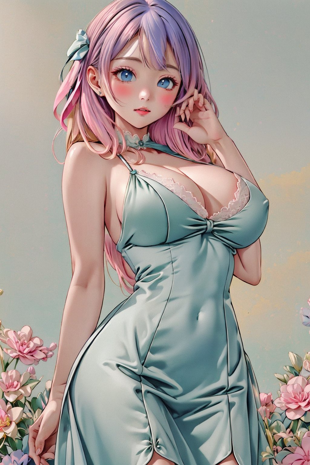 (1girl:1.2,), (masterpiece:1.4, best quality), huge breasts, unity 8k wallpaper, ultra detailed, (pastel colors:1.3), alluring pose, beautiful and aesthetic, satin gown, detailed, solo , facing camera