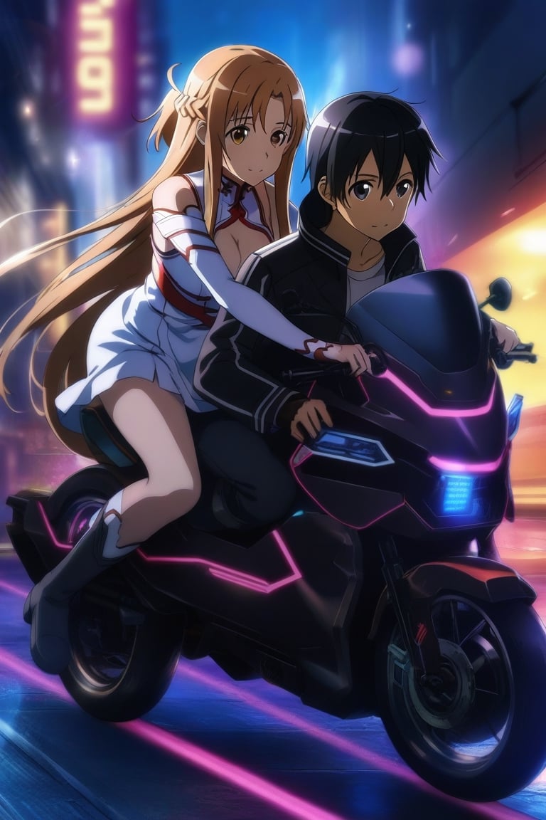 1girl and 1boy, 
, asuna \(sao\), kirito \(sao\), sword art online, couple, 1boy, 1girl, wind flow effect, wind flow, bokeh:1.2, (cyberpunk:1.3),   two-seater motorcycle, tandem motorcycle,spinning tires, girl hugging her boyfriend from behind, (riding on motorcycle:1.2), white shirt, asuna \(sao\) cleavage, kirito \(sao\) black jacket, leather glove, boots, masterpiece, best quality, extremely detailed, lens flare,  beautiful detailed face and eyes,
BREAK, street, neon lighted, neon light,  night:1.2