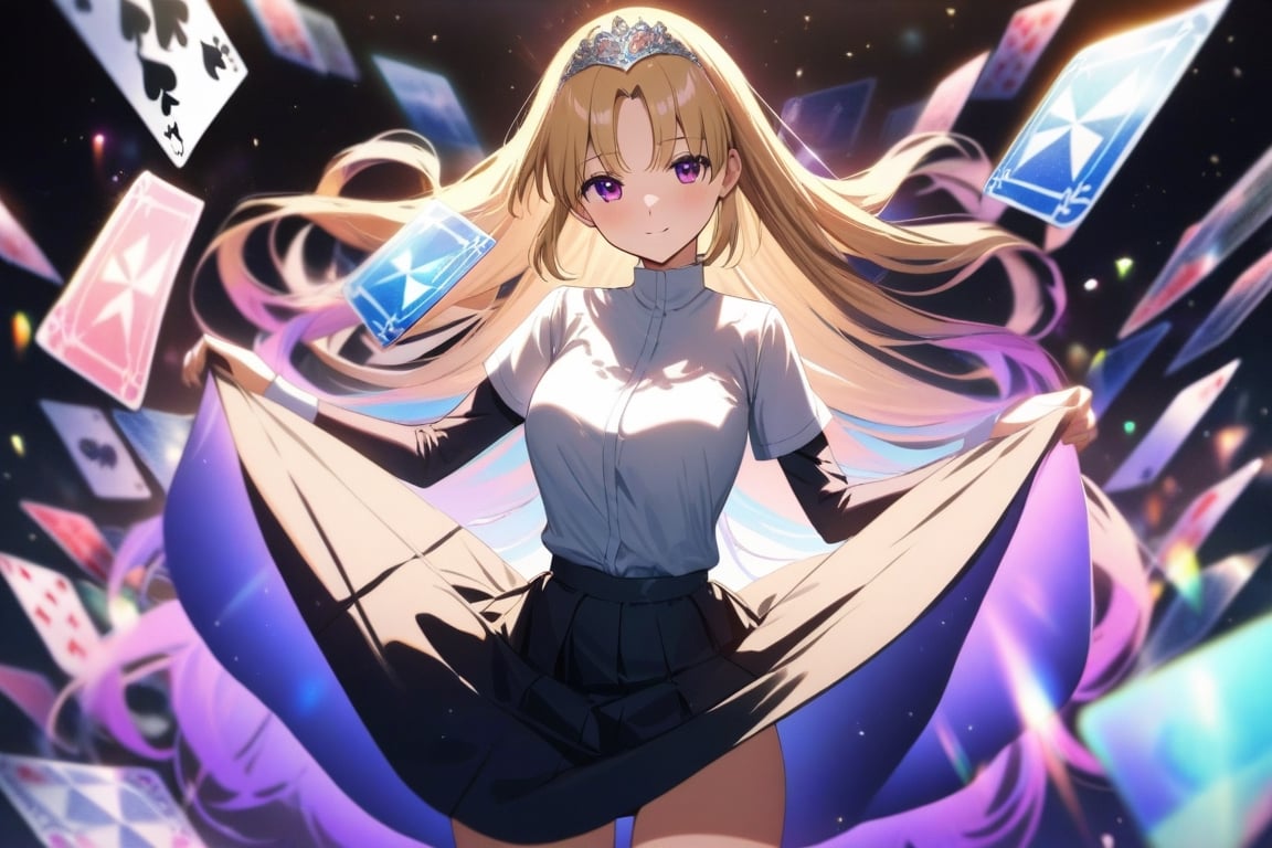 masterpiece, best quality, very aesthetic, absurdres, 1girl, ultra-detailed-hair, tiara , sister cleaire, nijisanji, 
curtsey,  skirt lift, bra shirts, princess ,
anime school room, slender, long blonde
BREAK high-quality, hologram trading card depicting an anime-style girl, with glitter, mother-of-pearl, and a black background around the card, clear coloring, and colorful