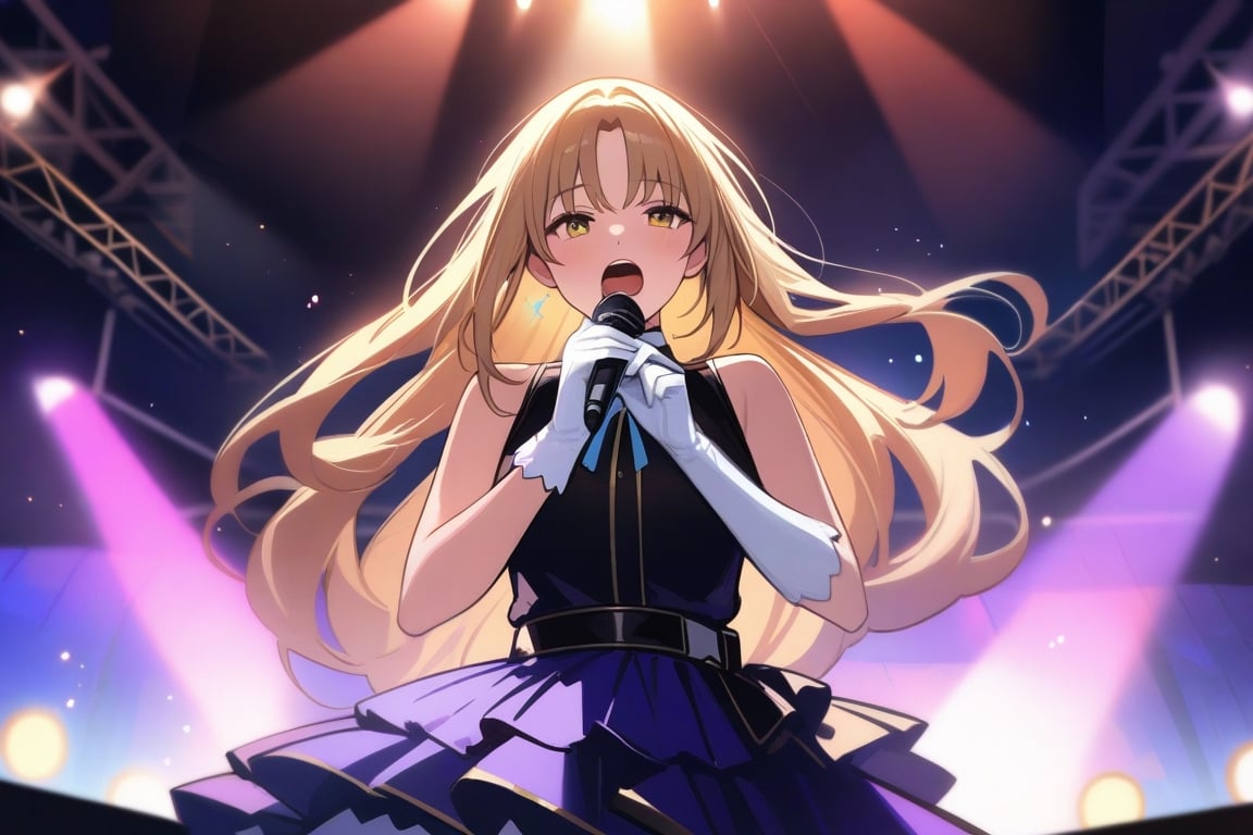 masterpiece, best quality, very aesthetic, absurdres, 1girl, ultra-detailed-hair, sister cleaire, nijisanji, 
num, live, song, microphone, holding microphone, white glove, idol, beauty face, lips, idol stage, arena, open mouth, singing, from below, front view, stage, live, spotlight, indoor, sparkling eyes
