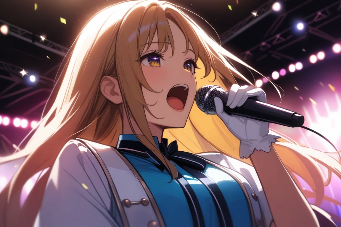 masterpiece, best quality, very aesthetic, absurdres, 1girl, ultra-detailed-hair, sister cleaire, nijisanji, 
num, live, song, microphone, holding microphone, white glove, idol, beauty face, lips, idol stage, arena, open mouth, singing, from below, front view, stage, live, spotlight, indoor, sparkling eyes
