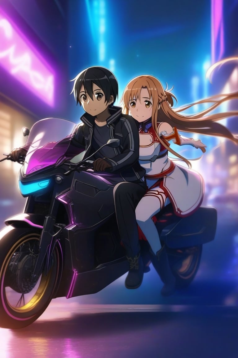 1girl and 1boy, 
, asuna \(sao\), kirito \(sao\), sword art online, couple, 1boy, 1girl, wind flow effect, wind flow, bokeh:1.2, (cyberpunk:1.3),   two-seater motorcycle, tandem motorcycle, (riding on motorcycle:1.2), white shirt, asuna \(sao\) cleavage, kirito \(sao\) black jacket, leather glove, boots, masterpiece, best quality, extremely detailed, lens flare,  beautiful detailed face and eyes,
BREAK, street, neon lighted, neon light,  night:1.2