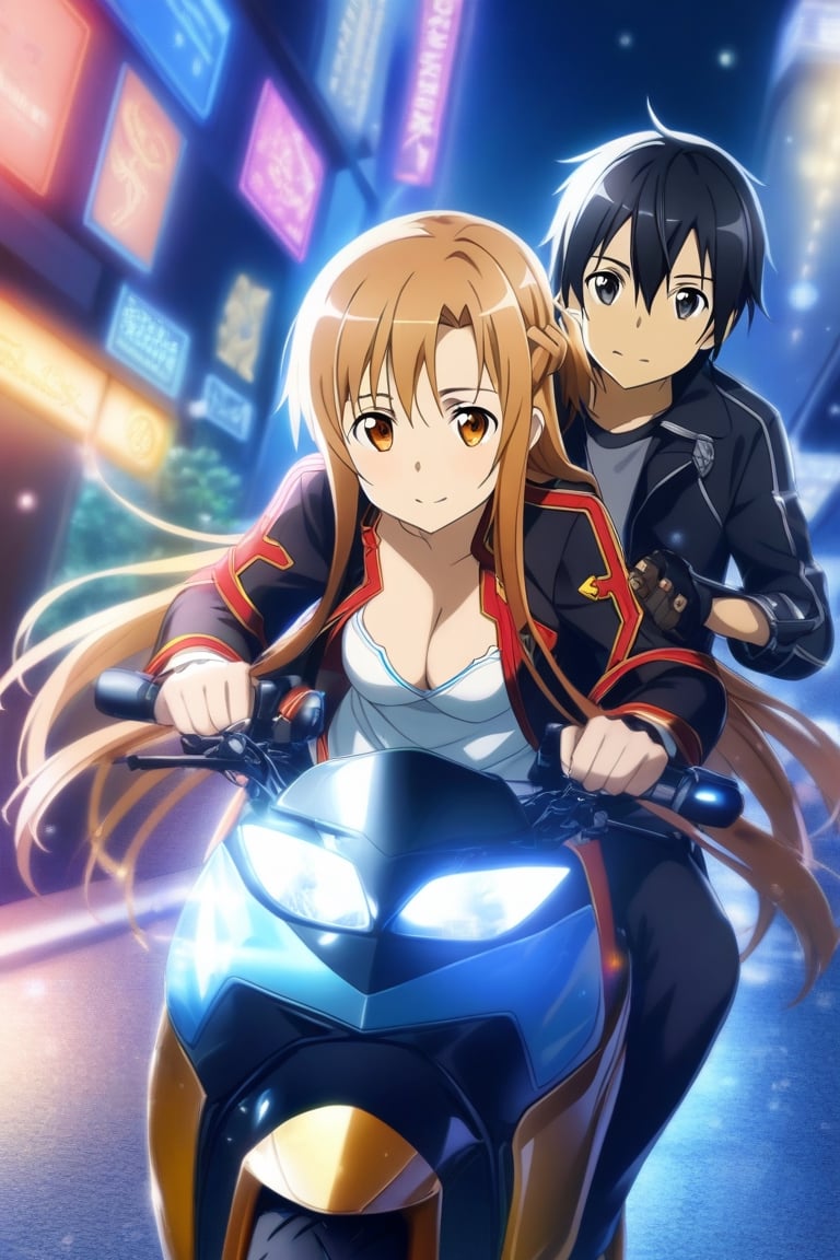 1girl and 1boy, 
, asuna \(sao\), kirito \(sao\), sword art online, couple, 1boy, 1girl, wind flow effect, wind flow, bokeh:1.2, (Hanging garden circuit landscape),   two-seater motorcycle, tandem motorcycle,spinning tires, girl hugging her boyfriend from behind, (riding on motorcycle:1.2), white shirt, asuna \(sao\) cleavage, kirito \(sao\) black jacket, leather glove, boots, masterpiece, best quality, extremely detailed, lens flare,  beautiful detailed face and eyes,
BREAK, street, neon lighted, neon light,  night:1.2