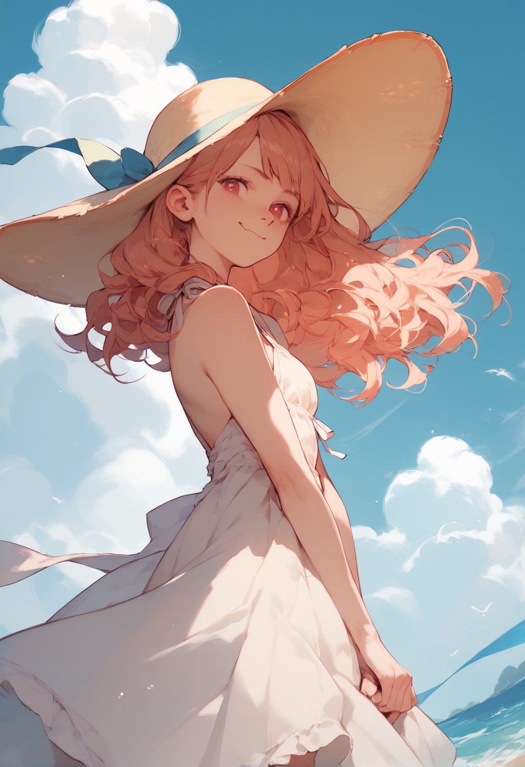 (((score_9, score_8_up, score_7_up, score_6_up))), (hyperrealistic anime girl), (small girl), (red_eyes), (very dilated pupils), (wavy_hair), (wavy_mouth), little smile, (best pose), beach hat, walfie (style)