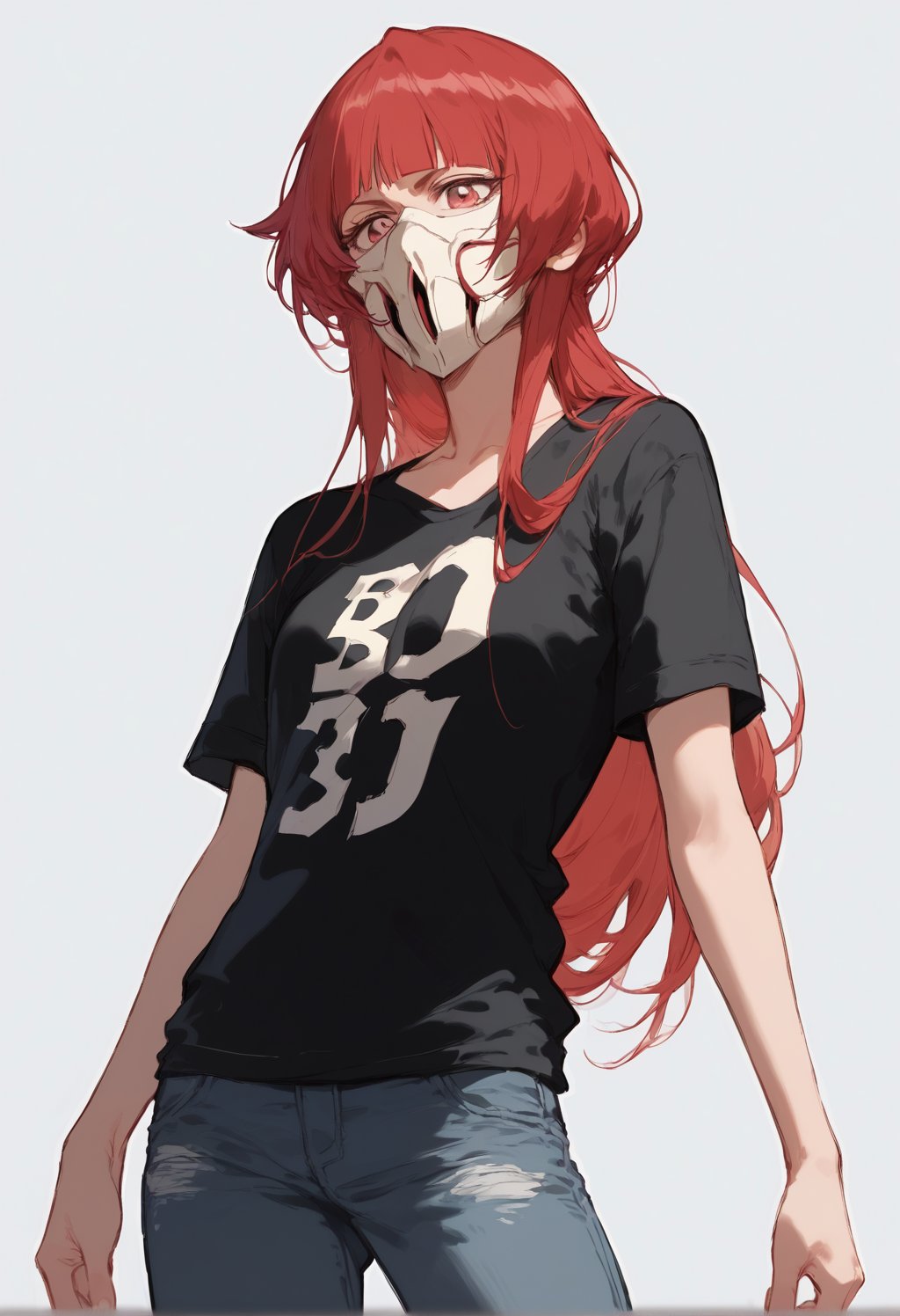 (((score_9, score_8_up, score_7_up, score_6_up))), (hyperrealistic anime girl), (small girl), (young face), (red_eyes), (very dilated pupils), hair with various colors, red hair, long hair, sexy body, detailed body, ((best pose)), (casual clothes), (black jacket), (T-shirt), (black denim pants), (best illustration), (lucy), (Horror Style), Sketch, ((seinen)), ((Dark Anime of Elfen Lied)), (((Bleach manga style))), ((Vasto Lord character)), demon_girl, mask_on_head, (komi shuuko:0.8)