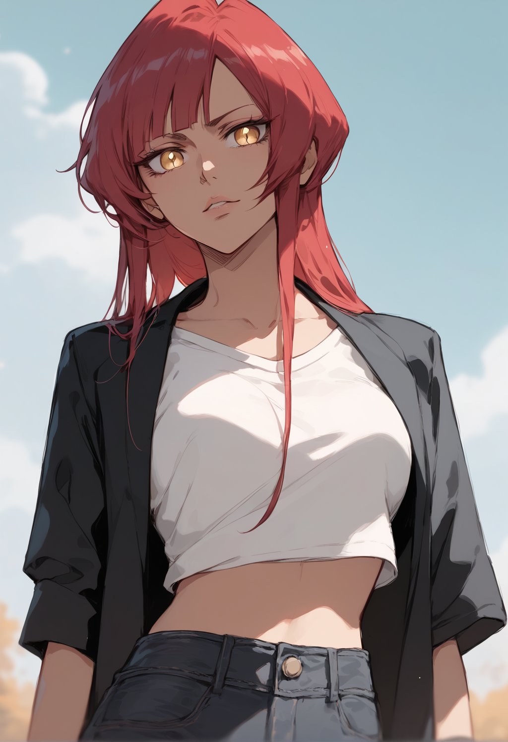 (((score_9, score_8_up, score_7_up, score_6_up))), (hyperrealistic anime girl), (small girl), (young face), (yellow_eyes), (very dilated pupils), hair with various colors, red hair, long hair, sexy body, detailed body, ((best pose)), (casual clothes), (black jacket), (T-shirt), (black denim pants), (best illustration), (lucy), (Horror Style), Sketch, ((seinen)), ((Dark Anime of Elfen Lied)), (((Bleach manga style))), (((Vasto Lord character))), demon_girl, (komi shuuko:0.9)