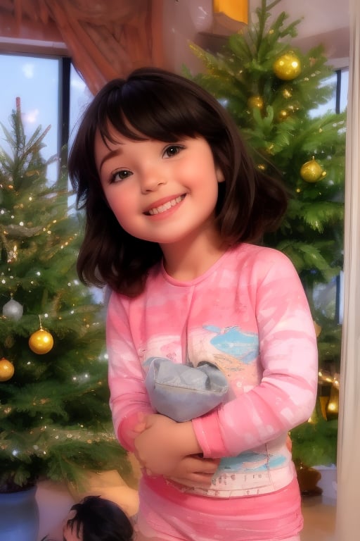 ((((little Girl)))),  A beautiful and cute girl,  next to a Christmas tree. She is smiling happily. with gifts next to her...