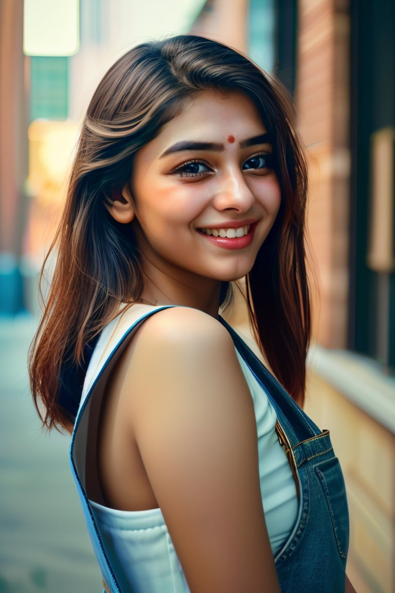 "Create an AI-generated image of a 21-year-old Indian woman with a captivating smile, exuding confidence and grace. She has a radiant complexion, expressive eyes, and a hairstyle that complements her features perfectly. Her attire is stylish and modern, reflecting her vibrant personality. The background should be a blend of urban and natural elements, adding depth to the overall aesthetic of the image."