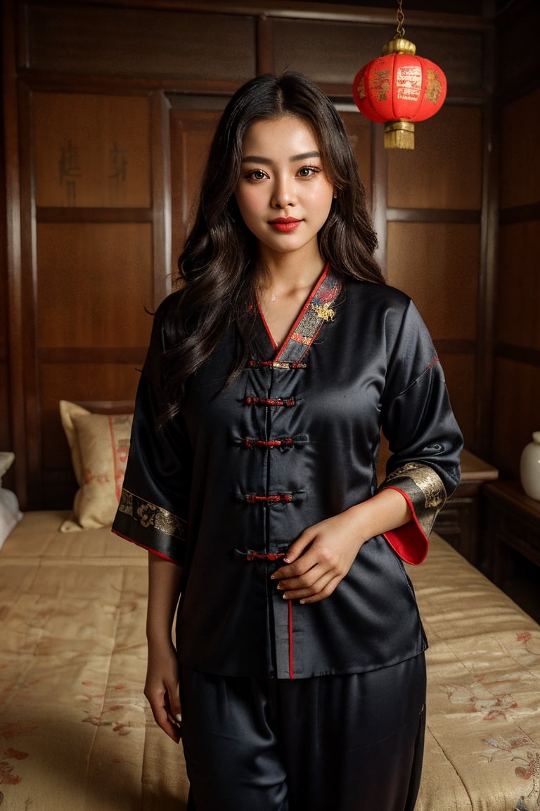 (ultrarealistic, ultradetailed:1.2), a woman, chinese, beautiful, (hourglass body, curvy, shapely), large round brown eyes, full red lips, seductive smile, long wavy hair, ((black hair)), ((looking at camera, standing, at traditional bedroom, ancient, qing dynasty)), ((wearing plain simple sleepwear, inner clothes, traditional clothes)), ((barefoot)), long shot, cinematic, dramatic lighting, soft lighting, visible skin details, highly detailed skin, realistic skin texture, (photorealistic, 32K UHD resolution, high quality, masterpiece, best quality, maximum detailed photo:1.2)