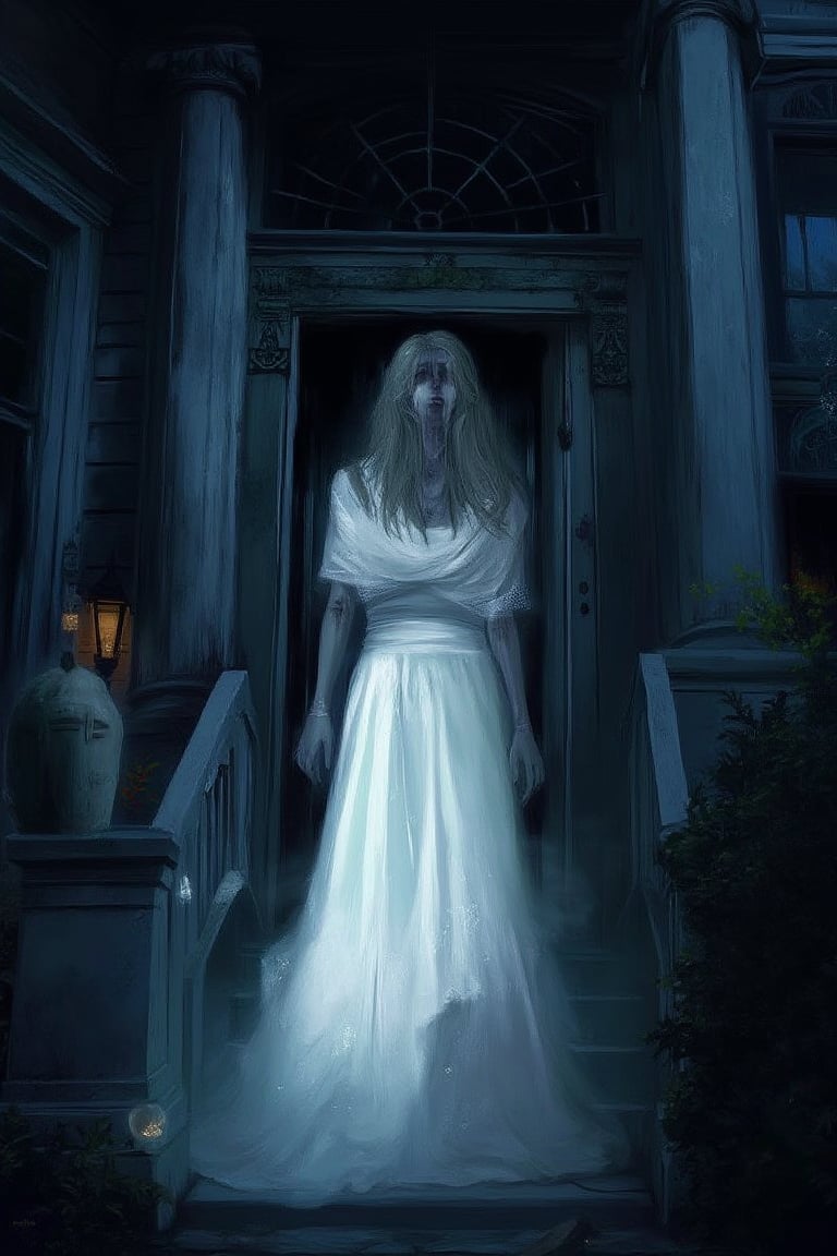 a haunted house bathed in a mysterious midnight glow. Standing at the door entrance of the house is an ethereal woman of extraordinary beauty, dressed in all-white, spooky attire. She is short and fat, her gradient hair cascading down. Her eyes are void of life, and her expression conveys a haunting sense of hopelessness. Her hands hang down, slender fingers with long dark nails. Her body is translucent like mist, illuminated by strange fluorescent lights that glow across her form. The shot, taken from outside the house, captures the intricate details of the scene. The background adds to the spookiness, with ambient light creating a soothing yet chilling tone. This scene is captured in a movie-like shot, full of fine details and textures, with realistic illustrations in vivid colors and high contrast. The atmosphere is enriched with cinematic lighting, presenting the haunted theme with extreme detail and beauty. ABMhauntedVibe