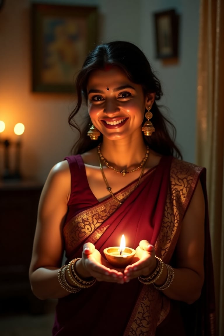 An Indian woman in her early 40s stands gracefully in her ancestral home, celebrating Deepavali. She wears a deep maroon saree with golden borders, the fabric elegantly draped around her. Her sleeveless blouse complements the saree, while gold jhumka earrings, a delicate necklace, and glass bangles add a touch of traditional charm. 

In her hands, she holds a small brass oil lamp, its warm glow highlighting her face and casting soft shadows. Her dark hair is loosely tied, with strands falling gently over her shoulders. Her expression is filled with joy and excitement, her eyes sparkling in the light as she smiles softly, embodying the festive spirit. The mood is serene and intimate, with the gentle glow of the lamps enhancing her ethereal beauty, while she moves gracefully through the space. The focus remains on her, celebrating her elegance and connection to tradition.