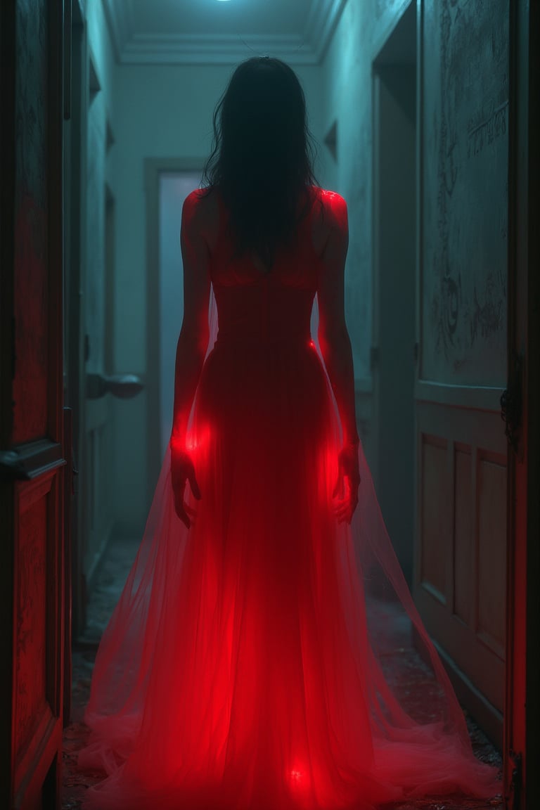 a haunted house bathed in a mysterious light. Within its eerie halls stands an ethereal woman of extraordinary beauty, dressed in all-red, spooky attire. She is tall and thin, her gradient hair cascading down, framing her lifeless, pale face. Her eyes are void of life, and her expression conveys a haunting sense of hopelessness. Her hands hang down, slender fingers with long dark nails. Her body is translucent like mist, illuminated by strange fluorescent lights that glow across her form. The detailed background of the haunted house adds to the spookiness, with ambient light creating a soothing yet chilling tone. This scene is captured in a movie-like shot, full of fine details and textures, with realistic illustrations in vivid colors and high contrast. The atmosphere is enriched with cinematic lighting, presenting the haunted theme with extreme detail and beauty.