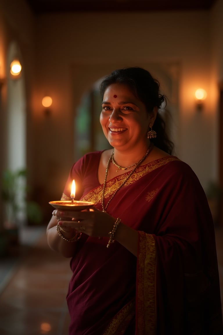 An mature Indian woman in her early 40s stands gracefully in her ancestral home, celebrating Deepavali. She wears a deep maroon saree with golden borders, the fabric elegantly draped around her. Her sleeveless blouse complements the saree, while gold jhumka earrings, a delicate necklace, and glass bangles add a touch of traditional charm. Being a mother, she has a beautifully hourglass curvy figure, with a defined narrow waist that accentuates her shape. Her arms have a bit of softness, adding to her natural and relatable appearance. Her subtle love handles add to her charm, creating a balanced and attractive silhouette. Overall, she embodies a healthy and confident look, celebrating her unique body.

In her hands, she holds a small brass oil lamp, its warm glow highlighting her face and casting soft shadows. Her dark hair is loosely tied, with strands falling gently over her shoulders. Her expression is filled with joy and excitement, her eyes sparkling in the light as she smiles softly, embodying the festive spirit. The mood is serene and intimate, with the gentle glow of the lamps enhancing her ethereal beauty, while she moves gracefully through the space. The focus remains on her, celebrating her elegance and connection to tradition.