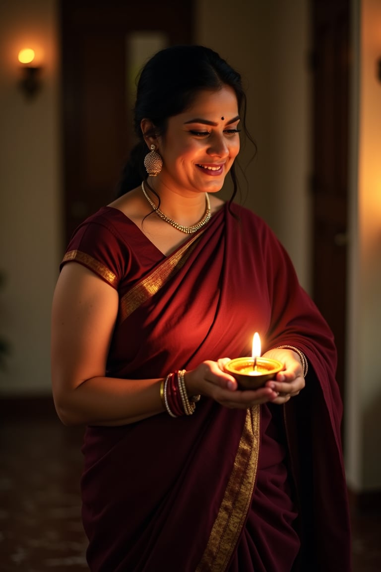 An mature Indian woman in her early 40s stands gracefully in her ancestral home, celebrating Deepavali. She wears a deep maroon saree with golden borders, the fabric elegantly draped around her. Her sleeveless blouse complements the saree, while gold jhumka earrings, a delicate necklace, and glass bangles add a touch of traditional charm. Being a mother, she has a beautifully hourglass curvy figure, with a defined narrow waist that accentuates her shape. Her arms have a bit of softness, adding to her natural and relatable appearance. Her subtle love handles add to her charm, creating a balanced and attractive silhouette. Overall, she embodies a healthy and confident look, celebrating her unique body.

In her hands, she holds a small brass oil lamp, its warm glow highlighting her face and casting soft shadows. Her dark hair is loosely tied, with strands falling gently over her shoulders. Her expression is filled with joy and excitement, her eyes sparkling in the light as she smiles softly, embodying the festive spirit. The mood is serene and intimate, with the gentle glow of the lamps enhancing her ethereal beauty, while she moves gracefully through the space. The focus remains on her, celebrating her elegance and connection to tradition.