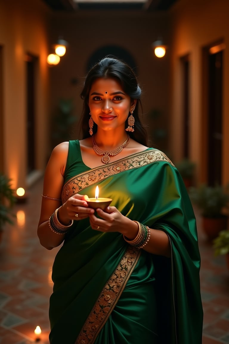 An Indian woman in her early 40s stands elegantly in the dimly lit courtyard of her ancestral home to celebrate Deepavali. She wears a stunning silk saree in a deep, rich shade of emerald green, intricately embroidered with gold thread along the borders. The saree hugs her figure gracefully, while her blouse, sleeveless and form-fitting, adds a modern touch. Around her neck, a layered gold necklace glistens, paired with matching bangles that clink gently as she moves. The courtyard, adorned with oil lamps, flickers warmly in the night. 
In her hands, she holds a small brass oil lamp, its warm glow highlighting her face and casting soft shadows. Her dark hair is loosely tied, with strands falling gently over her shoulders.
She stands with poised confidence, her body slightly angled towards the camera as she raises the lamp, the soft light accentuating the smooth contours of her face. Her expression is filled with excitement and reverence, a gentle smile playing on her lips and her eyes sparkling with joy.

Her skin glows in the warm light, and her makeup is minimal but radiant, highlighting her naturally youthful features. The camera captures her from a slightly low angle, with the play of light and shadows emphasizing her elegance. The atmosphere is intimate, the composition simple yet rich, focusing entirely on her—her beauty, her joy, and her connection to the festival. The use of natural, warm lighting creates an aura of serenity and celebration, transforming the moment into an artistic reflection of her grace and the significance of Deepavali.