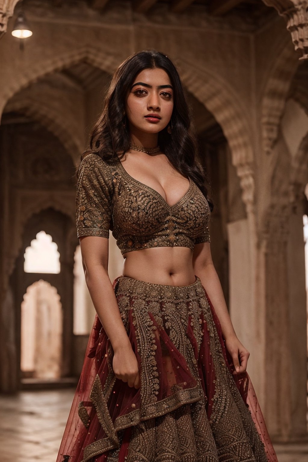 A 23 year young girl big boobs, wearing Zariwork Lehenga (deep cleavage) inside a old castle ,rashmika ,zari00lehnga0