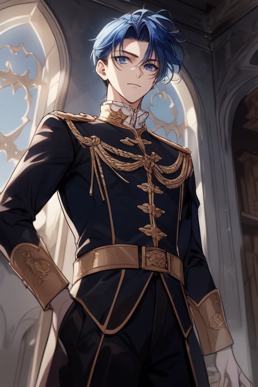 Tall,  handsome young male,teen,  blue eyes,blue hair, ,  medieval, powerful,viewed_from_below,  short hair, 18 years old, acadeny noble uniform,levi ackerman hairstyle,castle,at 12 pm  