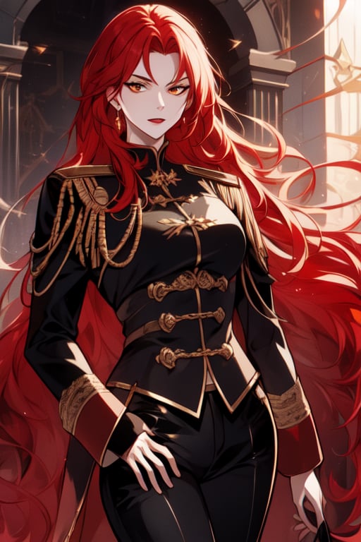 20 years old, red haired women, beautiful women, villain,duchess, castle , golden eyes,wear red noble military uniform and black pant.