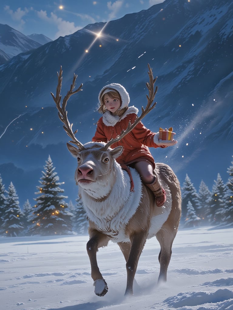 create a stunning image of A red-nosed reindeer is running happily with a girl on its back in a vast snowy field. The girl...