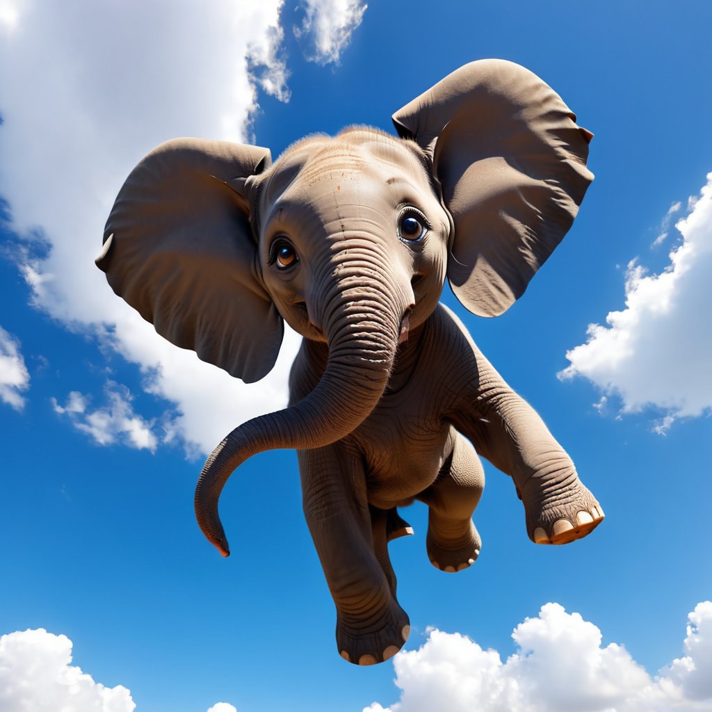 view from underneath,cute baby elefant, big eyes, elephant trunk forward, flying in the sky