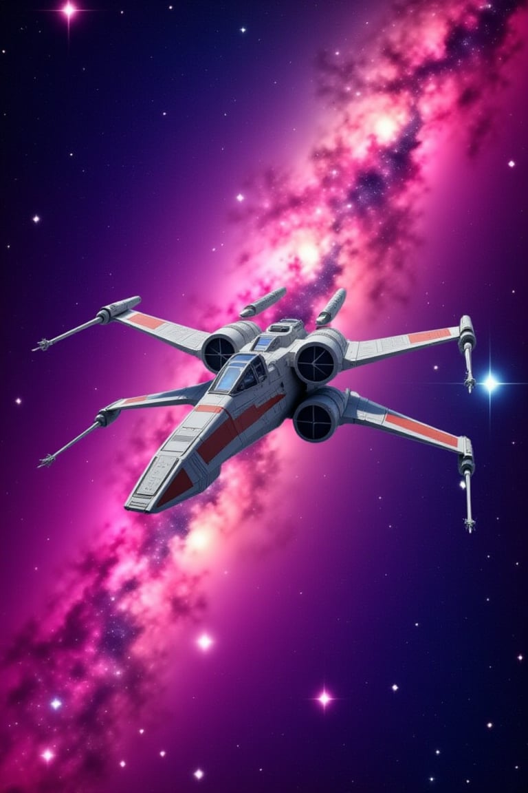 mlkwglx, stars, This image is a highly detailed, digital illustration of a futuristic spaceship in space. The spaceship, prominently featured in the center, is a sleek, X-wing fighter with a red and white color scheme. It has four long, pointed wings that extend from the central body, giving it a distinctive X shape. The wings are adorned with red stripes and have visible rivets and panels, indicating a high level of technological sophistication. The background is a vibrant, swirling nebula with hues of pink, purple, blue, and green, creating a cosmic, otherworldly atmosphere. The nebula is filled with countless stars of varying sizes, adding to the sense of depth and vastness. The stars range from bright, white dots to faint, distant specks, emphasizing the infinite expanse of space. The spaceship appears to be in motion, with its engines glowing faintly, suggesting it is traveling at high speed. The illustration captures the texture of the spaceship's metal surface, which appears smooth but with visible details such as the cockpit windows and the intricate design of the engines. The overall style is highly realistic, with sharp lines and a high level of detail, making the spaceship and the surrounding space appear lifelike.