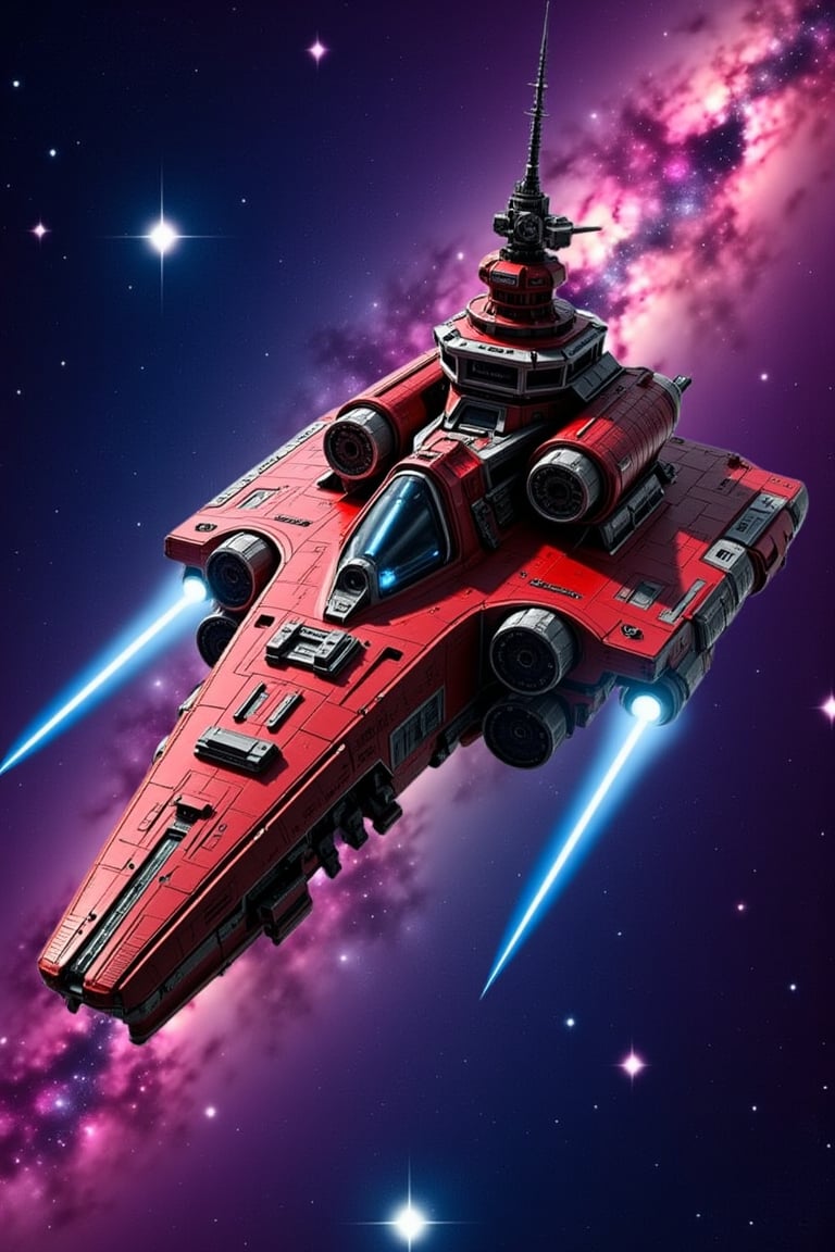 mlkwglx, stars, This image is a highly detailed CGI rendering of a futuristic, high-tech space ship, showcasing a sleek and robust design. The ship is predominantly red with black and silver accents, giving it a menacing appearance. It features multiple levels, each with various modules, including large, cylindrical engines at the front and back, and numerous protrusions and sensors. The top of the ship has a central tower with a pointed tip, and smaller towers or antennas at the corners, suggesting advanced communication and defense systems. The underside of the ship is equipped with large, circular thrusters that emit a blue glow, indicating propulsion. The background is a vibrant, swirling galaxy, filled with stars, nebulae, and a mix of blues, purples, and pinks, adding a sense of depth and cosmic grandeur. The ship is positioned slightly off-center, giving the impression of movement through space. The textures on the ship are highly detailed, with intricate paneling and metallic surfaces that reflect light, enhancing the sense of realism and advanced technology. The overall style is a blend of science fiction and realism, with a focus on the ship's complexity and the vastness of space.